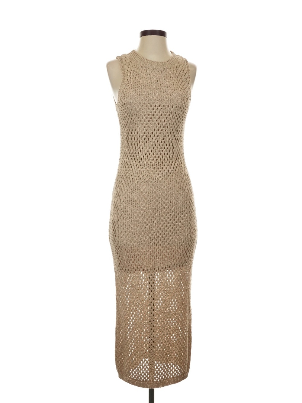 ESQUALO Neutral Beige Crochet Midi Dress